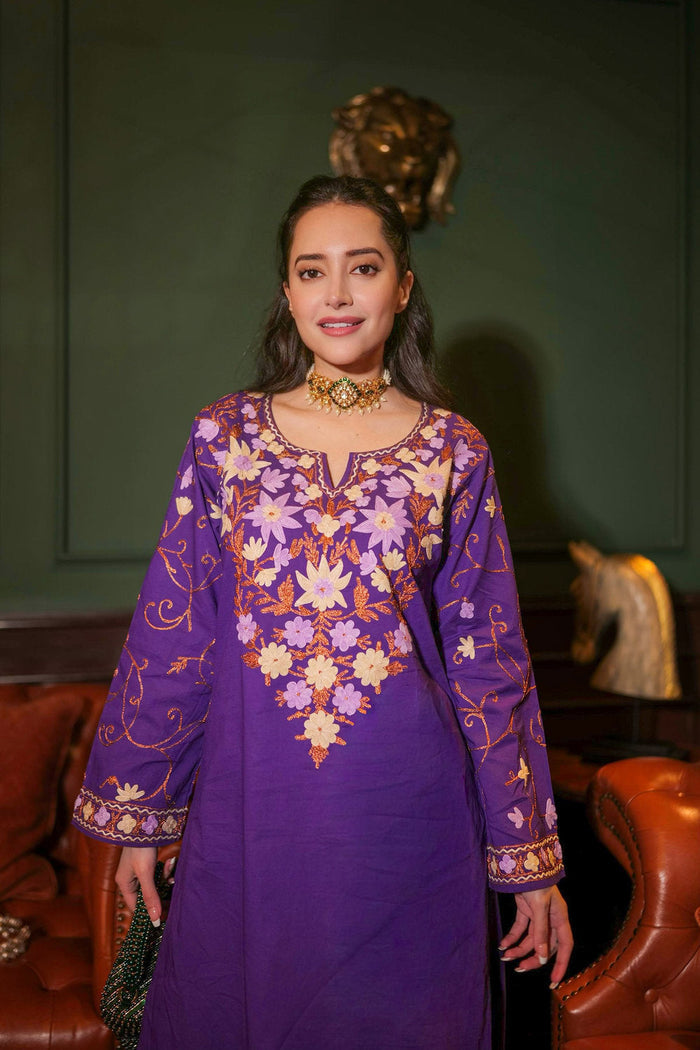 Komal X HOK Kashmiri Aari Embroidered Kurta Set with Farsi Pants - Purple