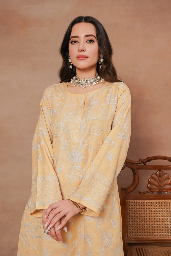 Komal x HOK Kashmiri Aari Work Cotton Kurta Set - Beige With White