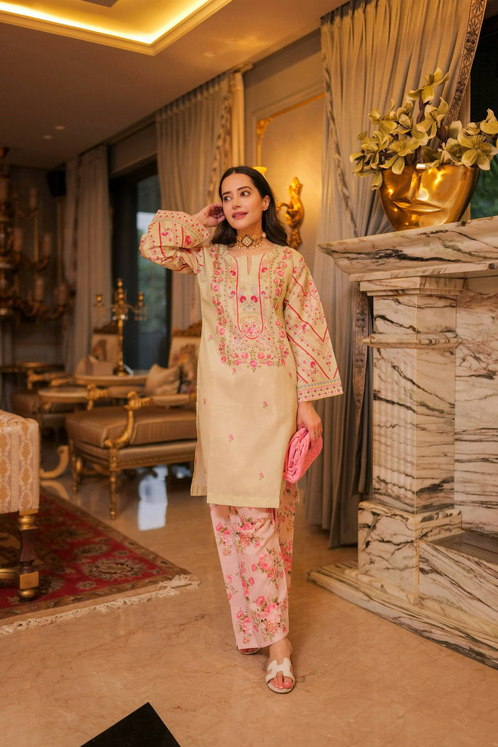 Komal X HOK Lawn Cotton Shimmer Printed Cord Set with Pink Floral Print & Farsi Bottom - Pastel Cream
