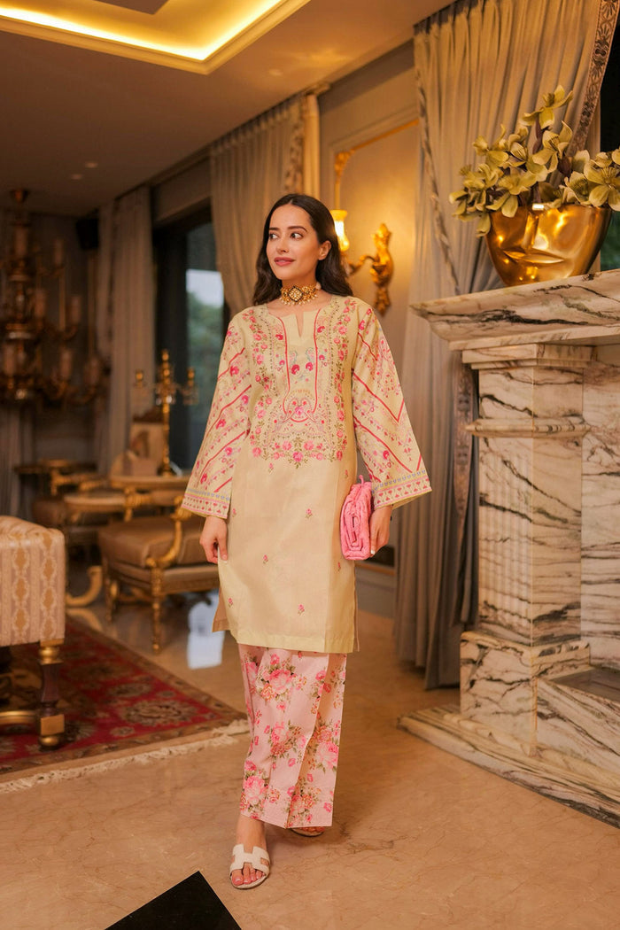 Komal X HOK Lawn Cotton Shimmer Printed Cord Set with Pink Floral Print & Farsi Bottom - Pastel Cream
