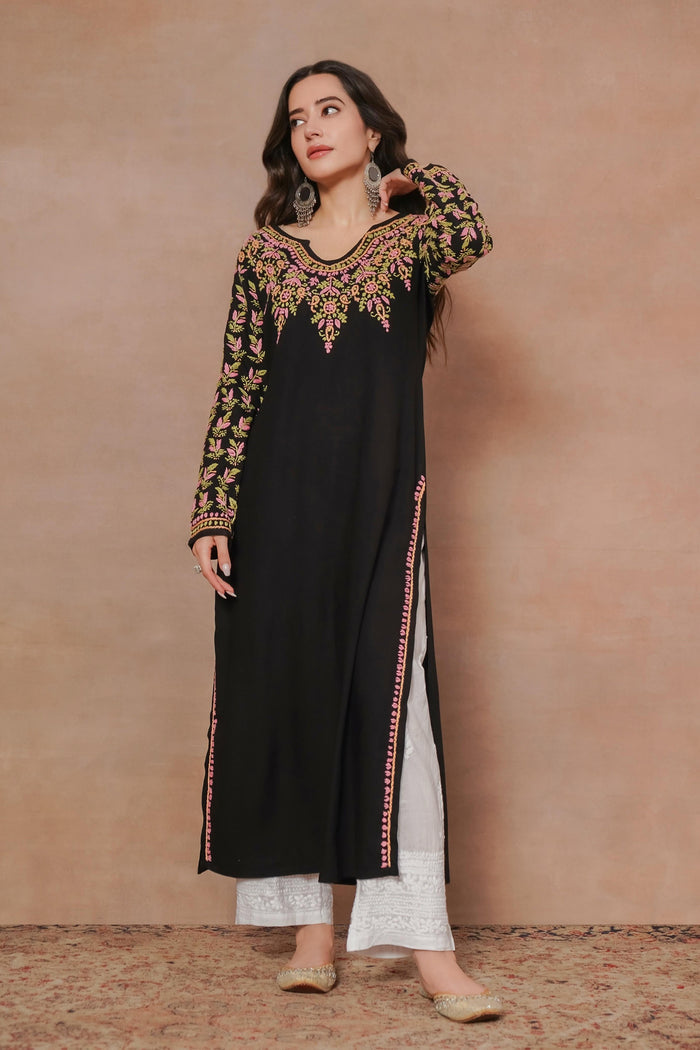 Komal x HOK Saba Chikankari Long Kurta in Rayon Cotton - Black