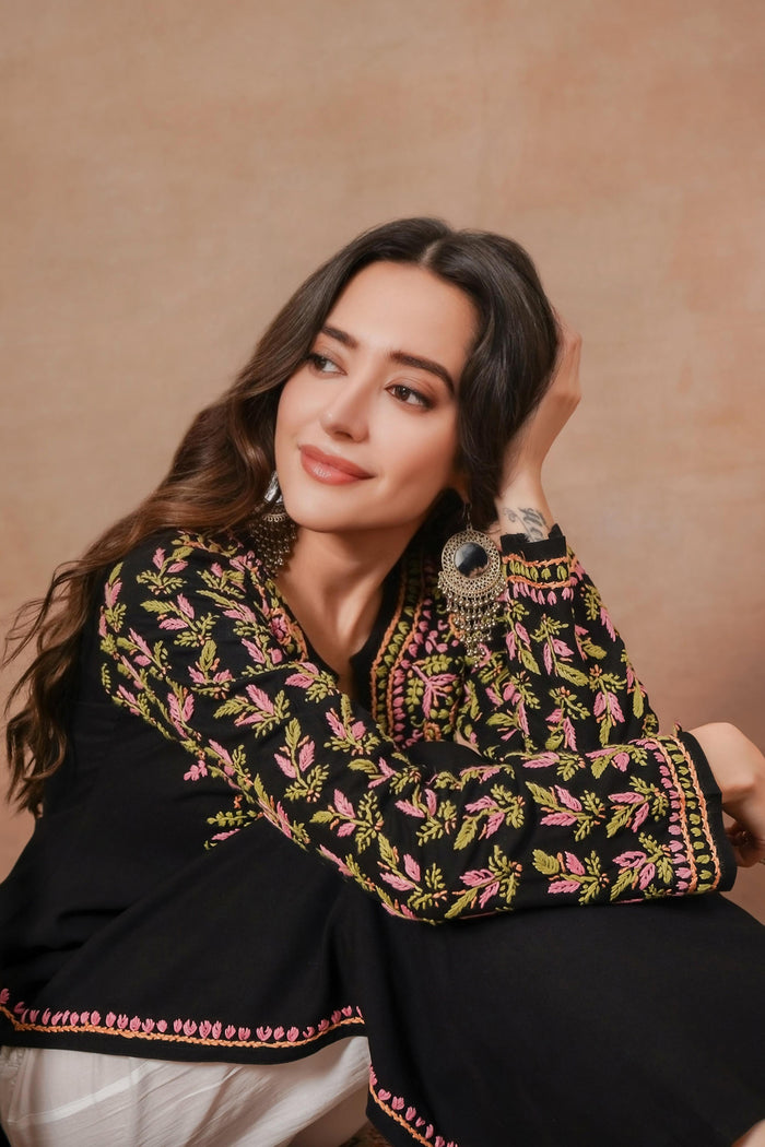 Komal x HOK Saba Chikankari Long Kurta in Rayon Cotton - Black