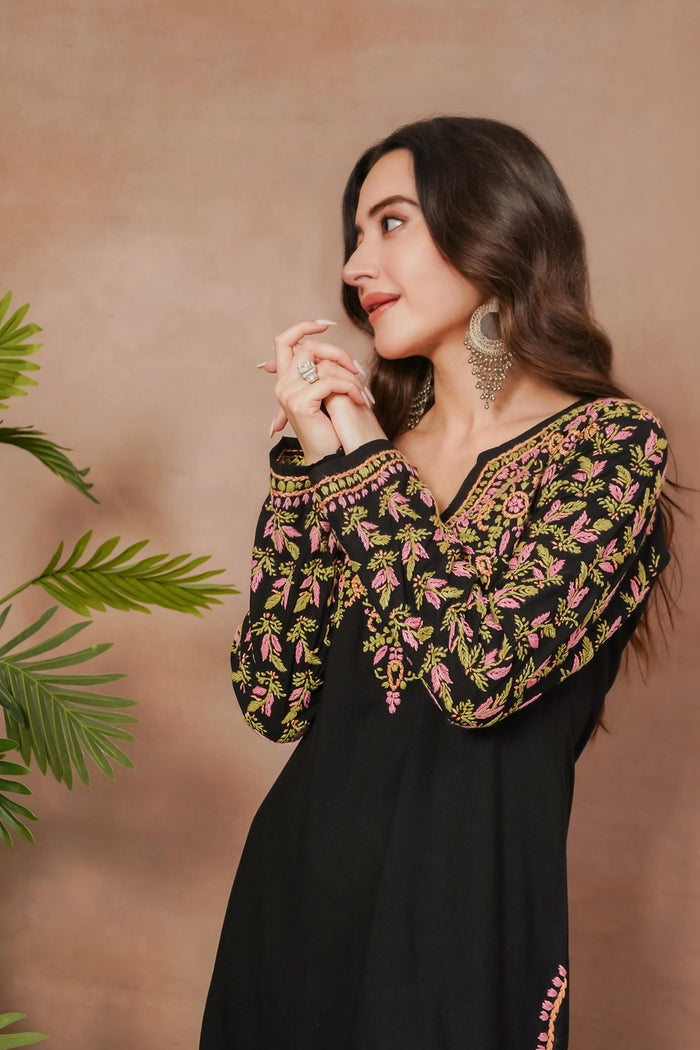 Komal x HOK Saba Chikankari Long Kurta in Rayon Cotton - Black