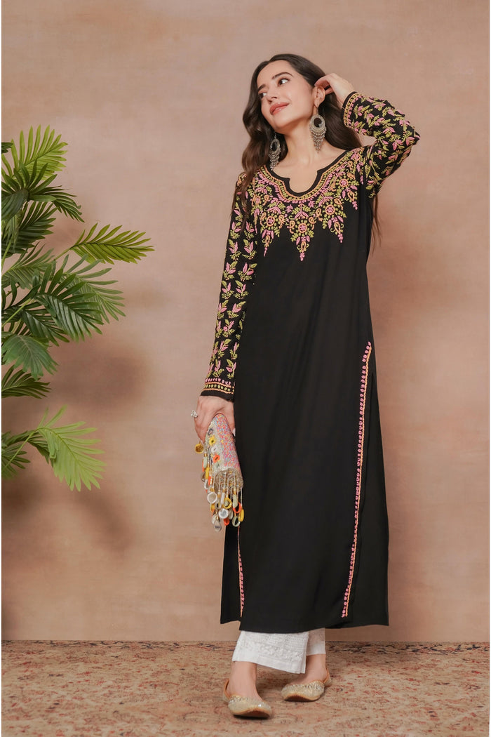 Komal x HOK Saba Chikankari Long Kurta in Rayon Cotton - Black