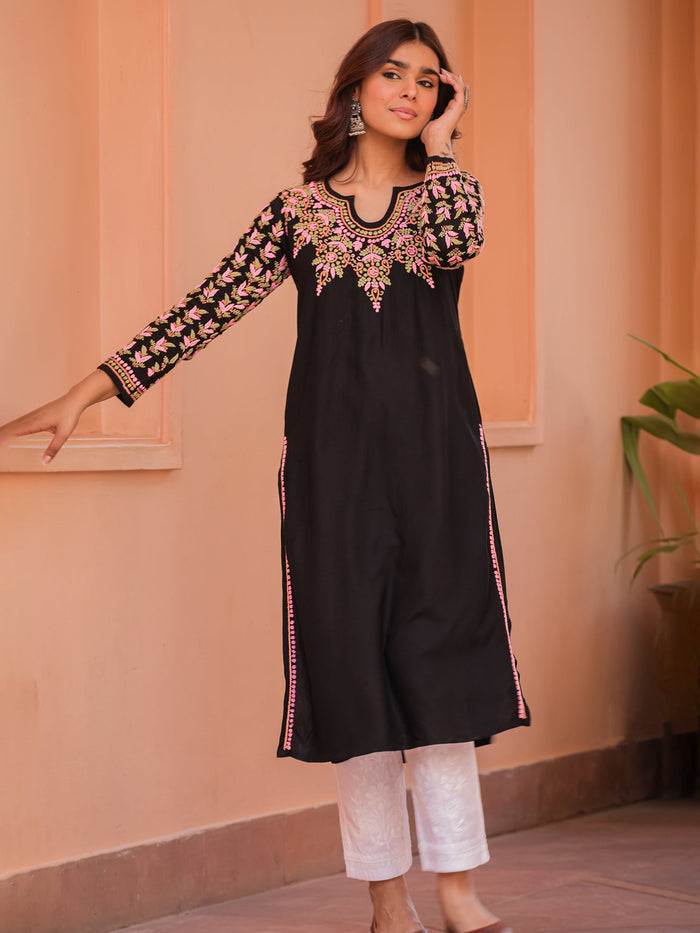 Komal x HOK Saba Chikankari Long Kurta in Rayon Cotton - Black
