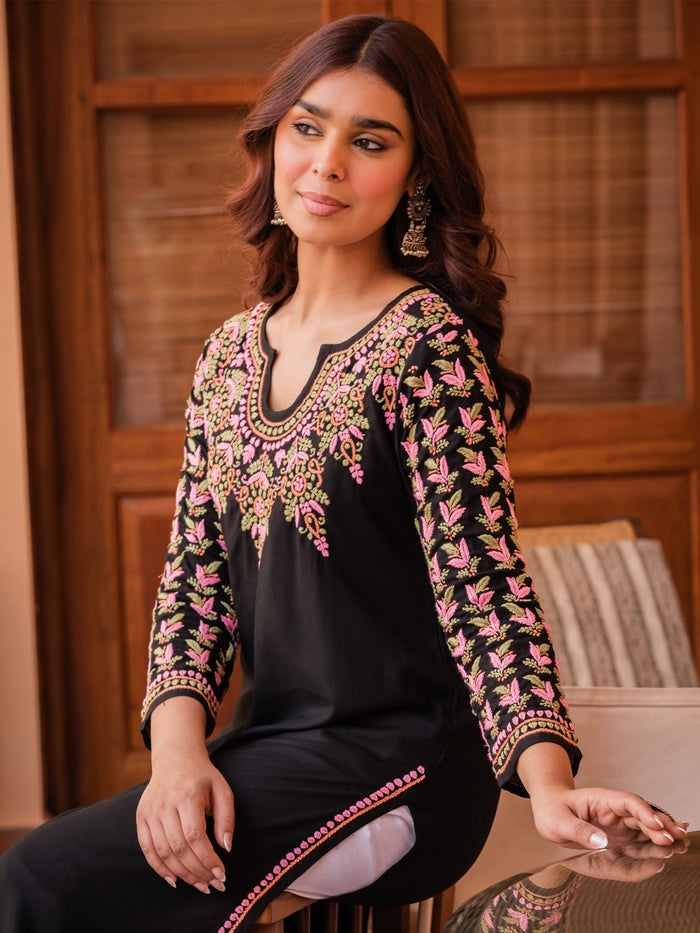 Komal x HOK Saba Chikankari Long Kurta in Rayon Cotton - Black