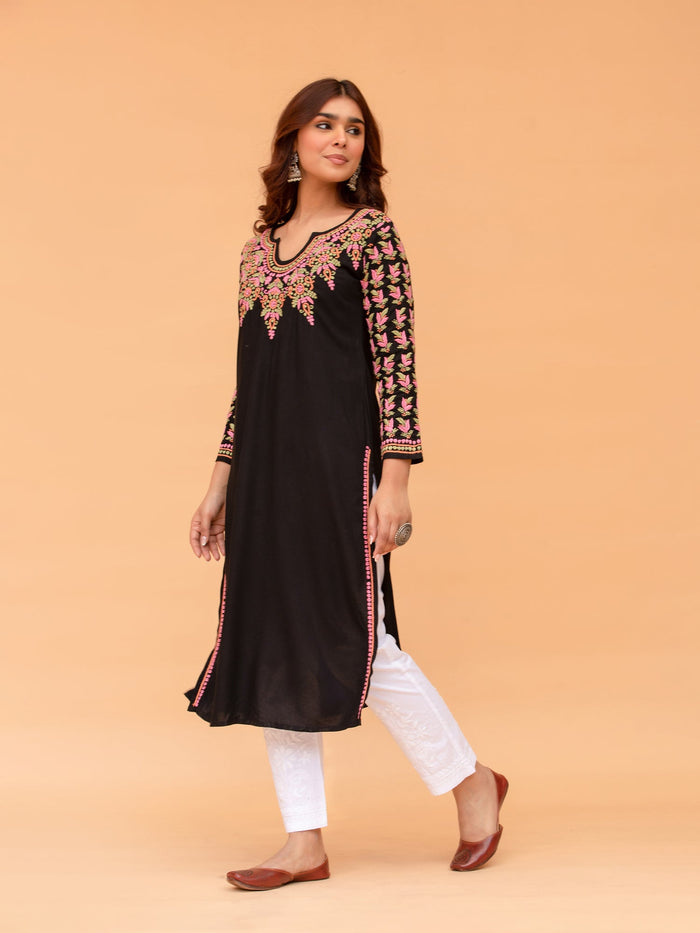 Komal x HOK Saba Chikankari Long Kurta in Rayon Cotton - Black
