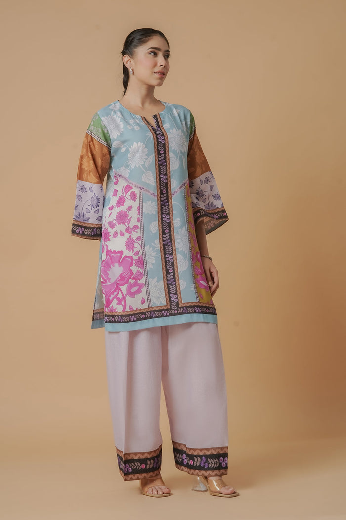 Lawn Cotton Co-ord Set - Multicolor with Bold Floral Print with Farsi Pant