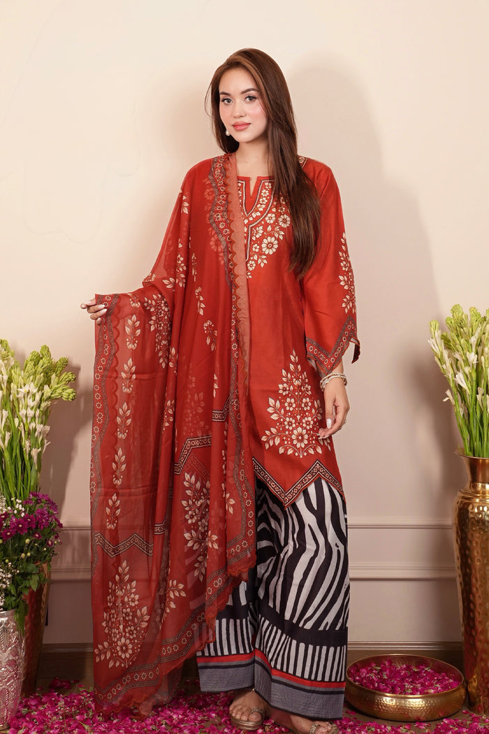 Lawn Cotton Printed Co-ord Set  Laser-Cut - Rust Red