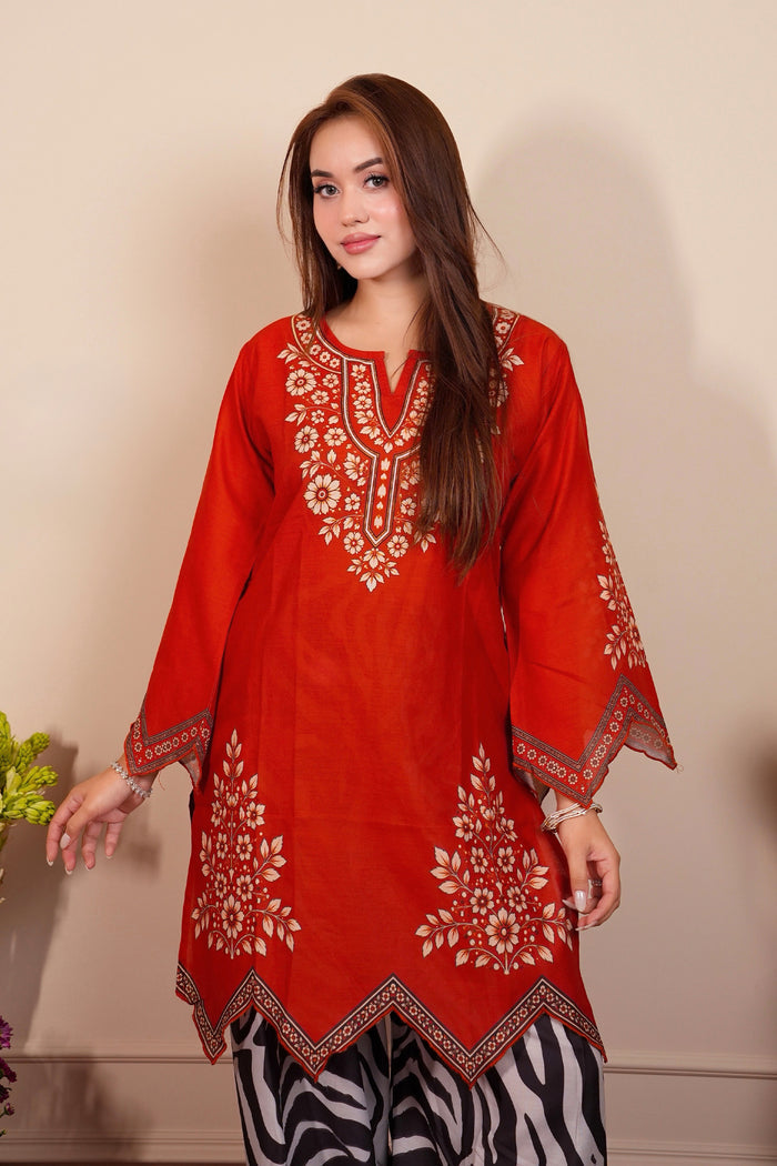 Lawn Cotton Printed Co-ord Set  Laser-Cut - Rust Red