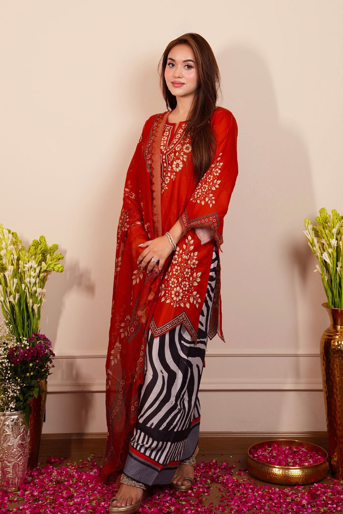 Lawn Cotton Printed Co-ord Set  Laser-Cut - Rust Red