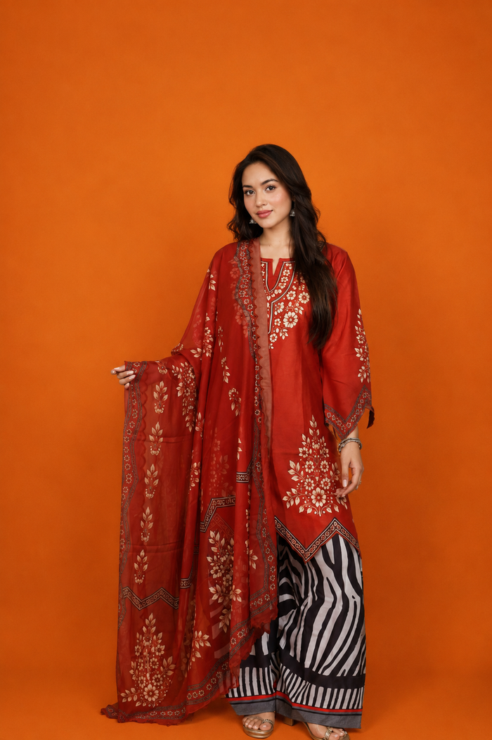 Lawn Cotton Printed Co-ord Set  Laser-Cut - Rust Red