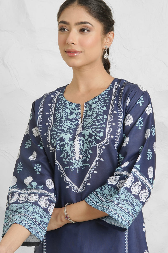 Lawn Cotton Printkari Co-ord Set - Navy Blue & White With Straight pant