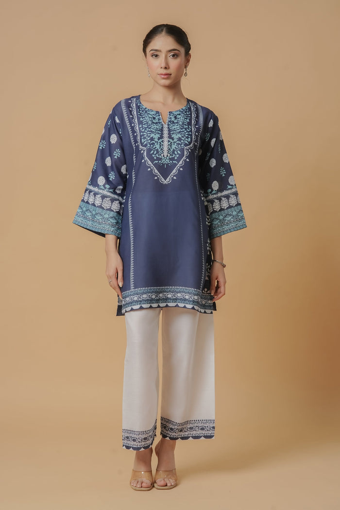 Lawn Cotton Printkari Co-ord Set - Navy Blue & White With Straight pant
