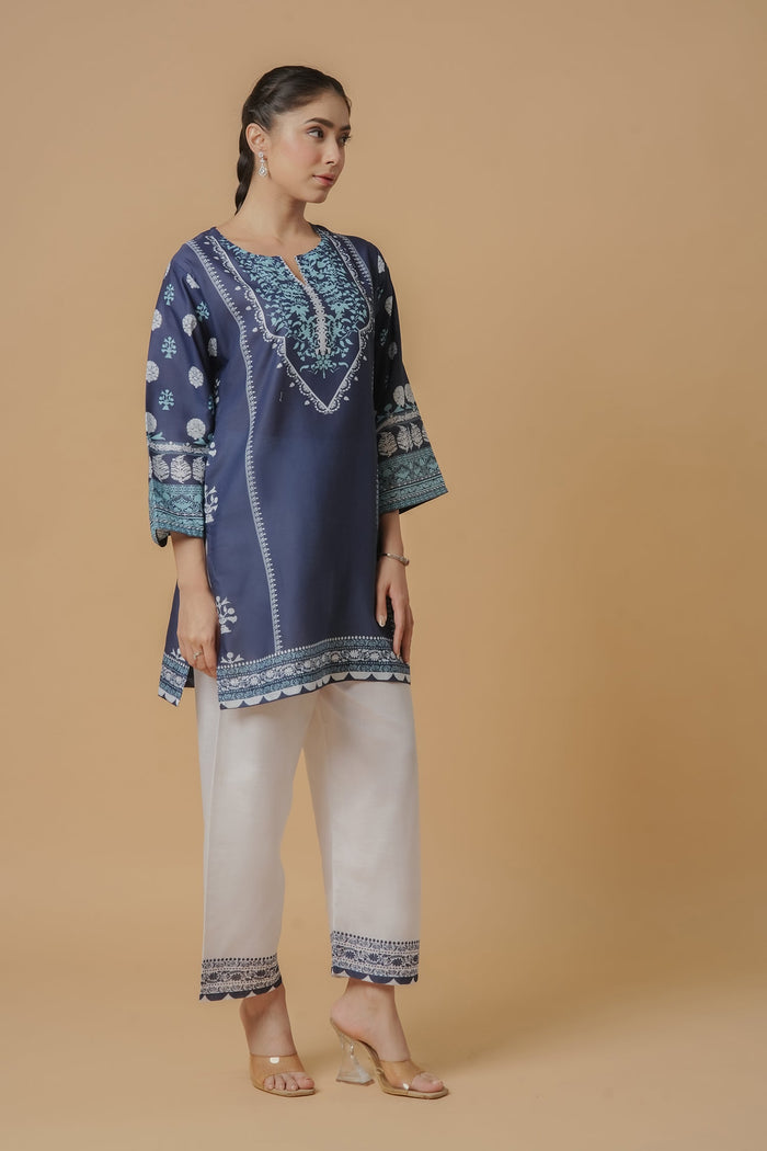 Lawn Cotton Printkari Co-ord Set - Navy Blue & White With Straight pant