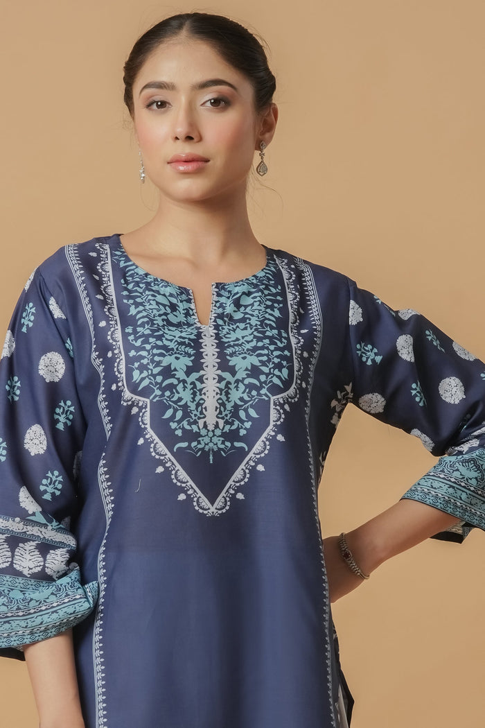 Lawn Cotton Printkari Co-ord Set - Navy Blue & White With Straight pant