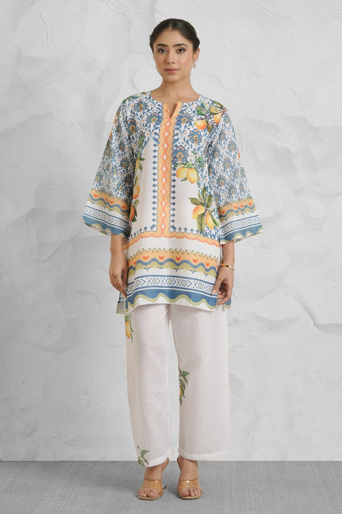 Lawn Cotton Printkari Co-ord Set – White with Citrus Blue Print With Straight pant