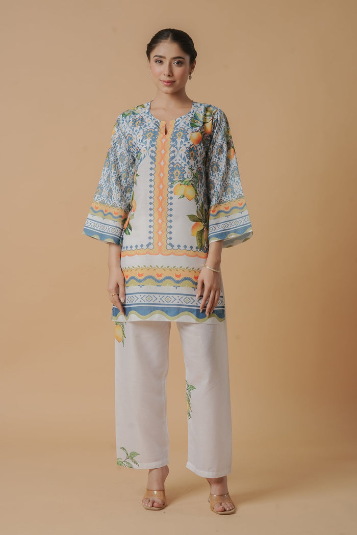Lawn Cotton Printkari Co-ord Set – White with Citrus Blue Print With Straight pant