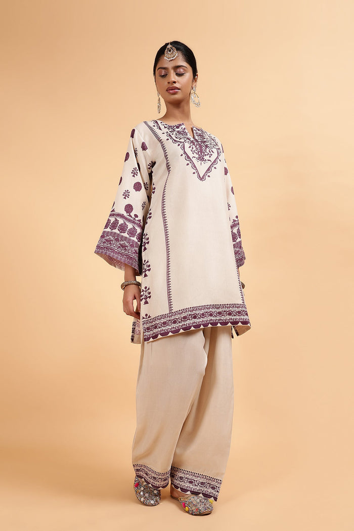 Lawn Cotton Shimmer Printed Cord Set with Farsi Bottom - Ivory