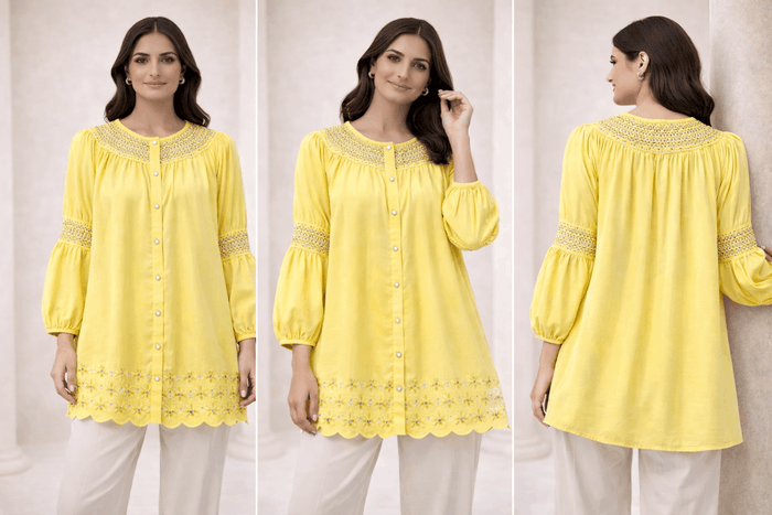 Lemon Yellow Laser-Cut Embroidered Button-Down Tunic - Nishat Creative Store