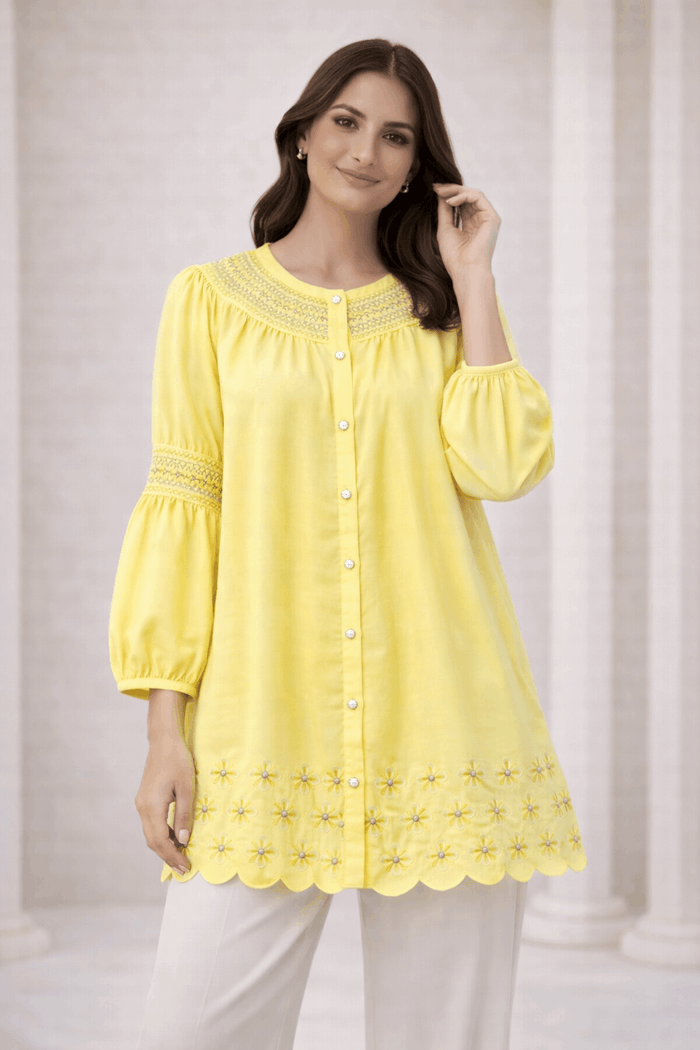 Lemon Yellow Laser-Cut Embroidered Button-Down Tunic - Nishat Creative Store