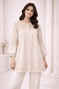Light Beige Laser-Cut Embroidered Button-Down Tunic - Nishat Creative Store