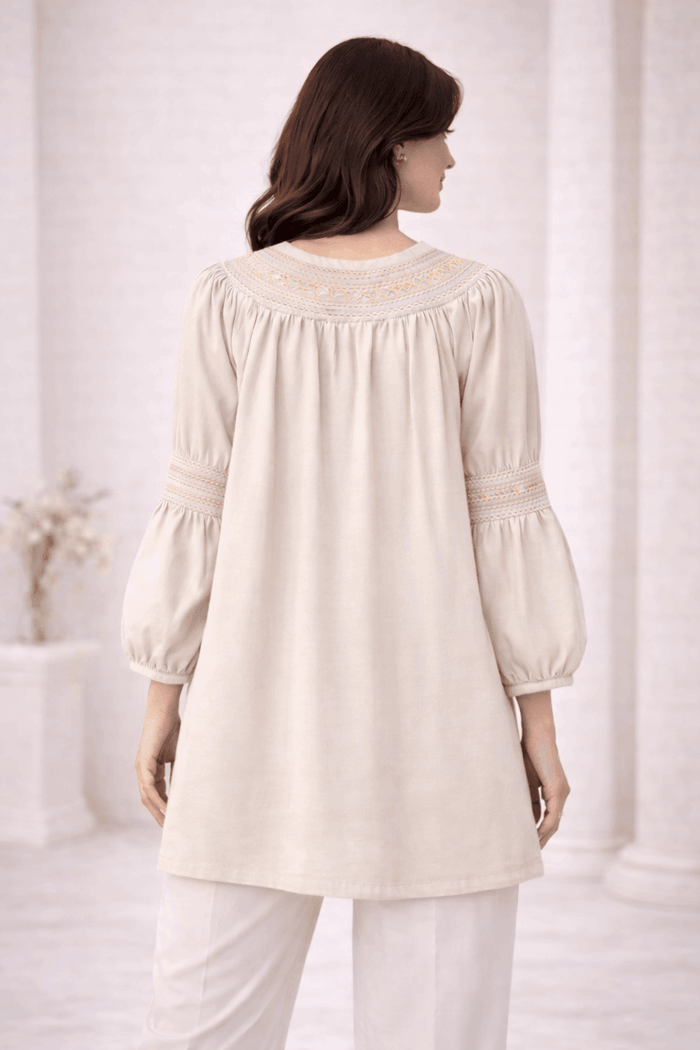 Light Beige Laser-Cut Embroidered Button-Down Tunic - Nishat Creative Store