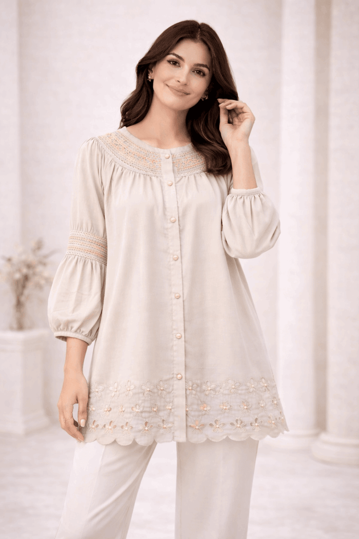 Light Beige Laser-Cut Embroidered Button-Down Tunic - Nishat Creative Store