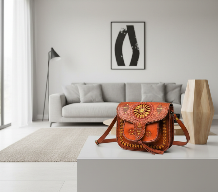 LSSAN Orange Embroidered bag with vivid color in modern setting