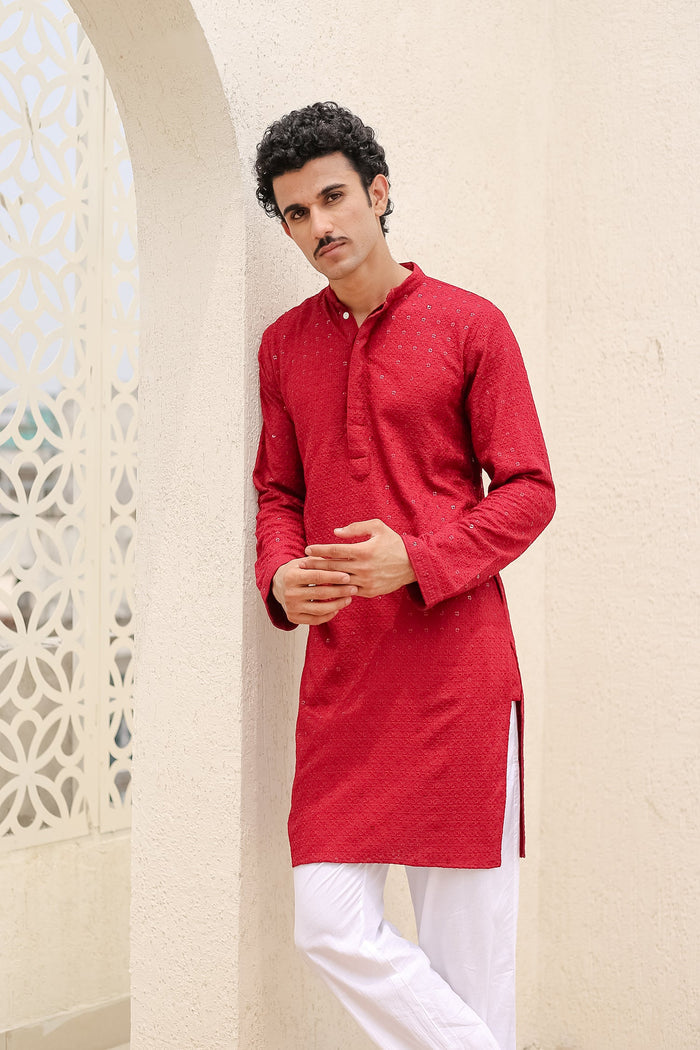 Men's Kurta In  Chikankari Rayon   - Maroon