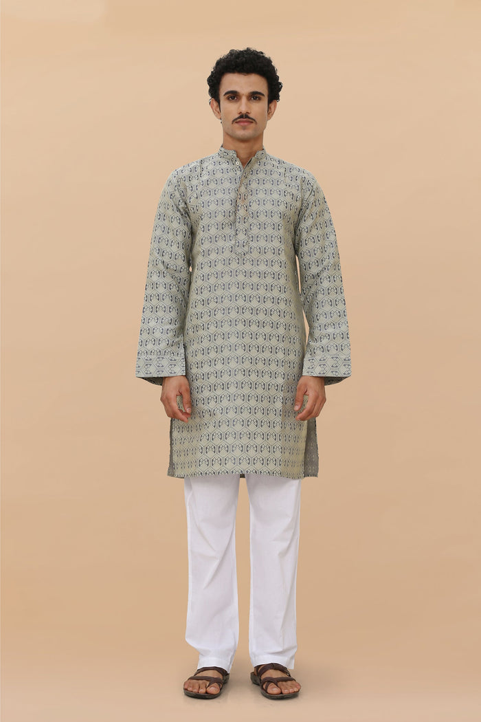 Men's Kurta In Jacquard Self  Grey Blue