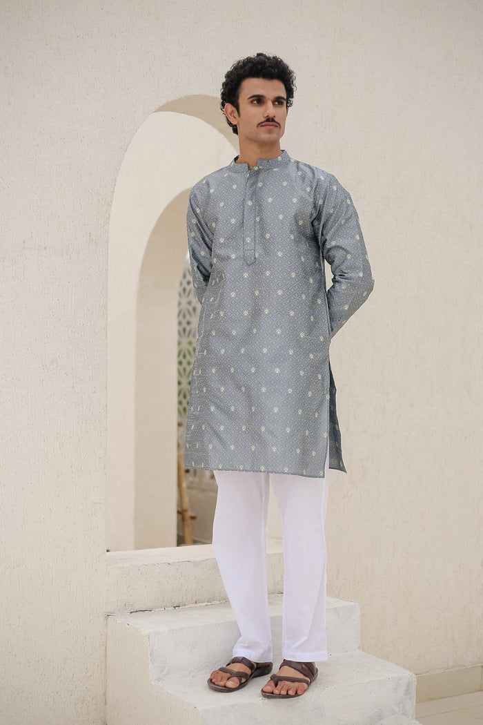 Men's Kurta In Jacquard Self  Grey