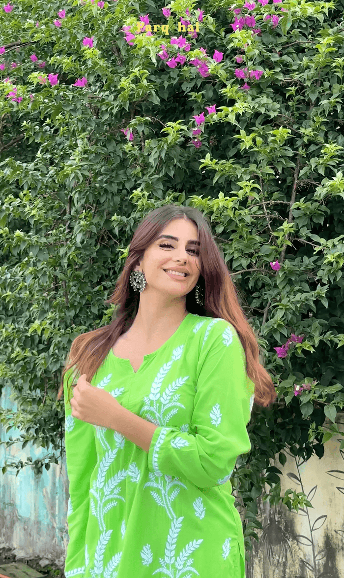 Miesha in Chikankari Short Modal Kurta Set - Green - House Of Kari (Chikankari Clothing)
