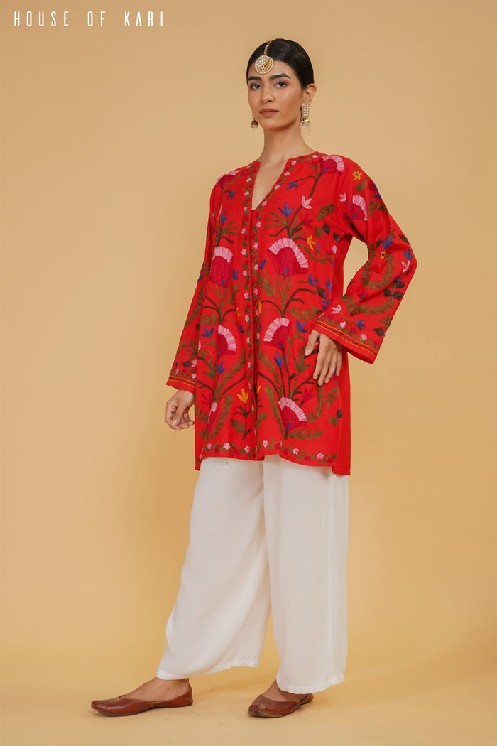 Miesha in Kashmiri Aari Work Cotton Kurta Jacket – Red