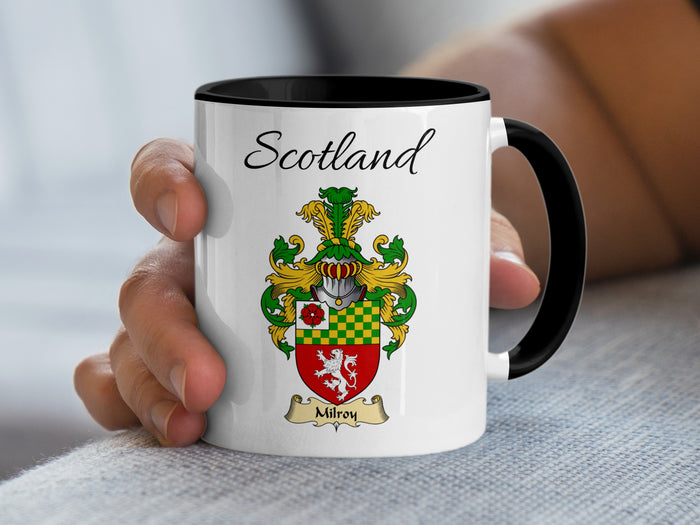 Milroy Scottish family crest accent mug with Scotland above the coat of arms design