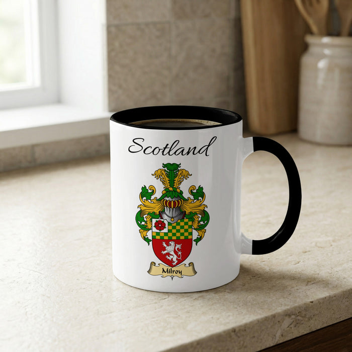 Milroy Scottish family crest accent mug with Scotland lettering and coat of arms artwork