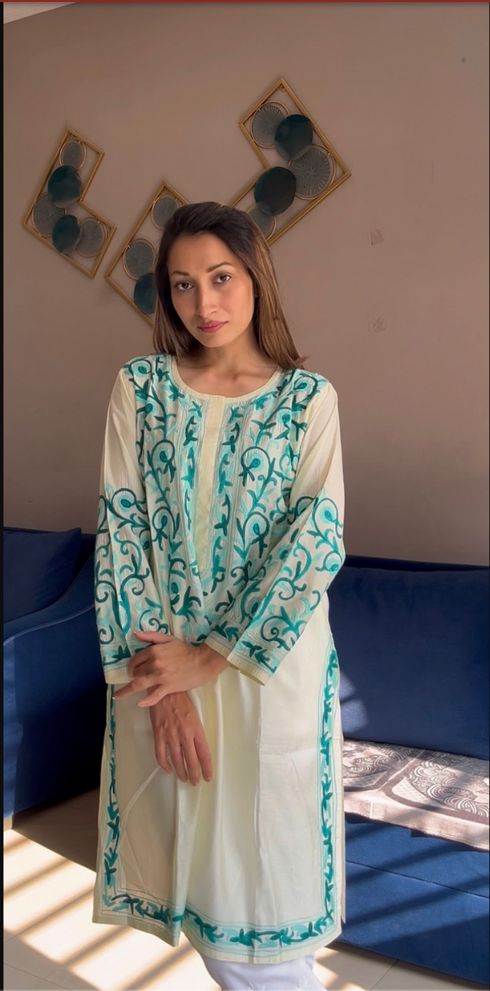 Mohi in Falak Kashmiri Long Kurta In Chanderi Silk With Turquoise Blue Embroidery