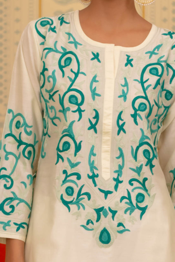 Mohi in Falak Kashmiri Long Kurta In Chanderi Silk With Turquoise Blue Embroidery