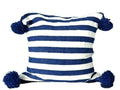Moroccan Pom Pom Pillow - White and Dark Blue Stripes