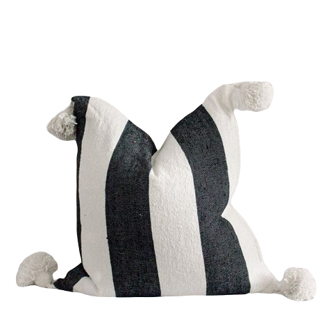 Moroccan Pom Pillow Cover - White with Large Black Stripes - Atlas
