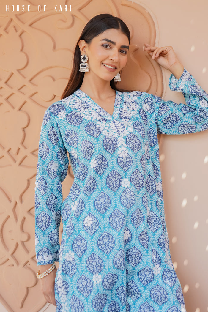 Mul Cotton Chikankari Long Kurta in Blue