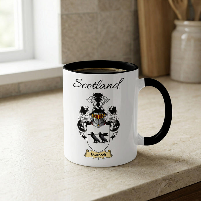 Murdoch Scottish family crest accent mug with Scotland lettering and coat of arms artwork