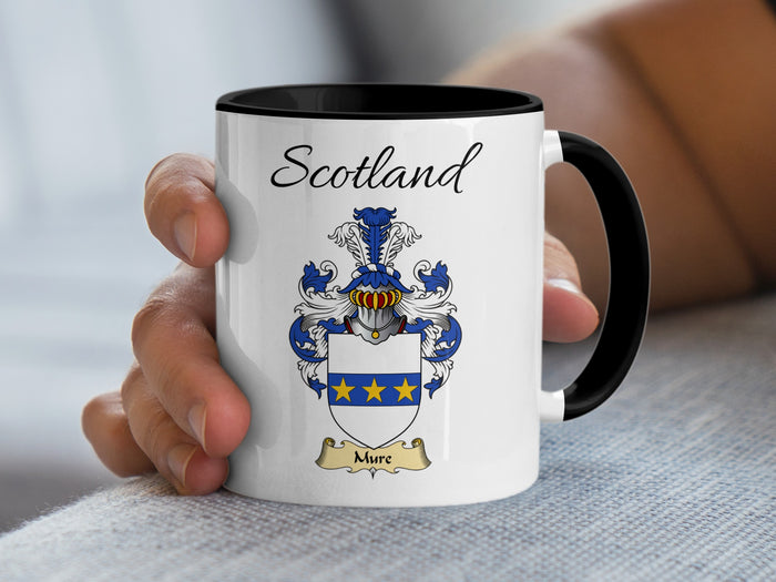 Mure Scottish family crest accent mug with Scotland above the coat of arms design