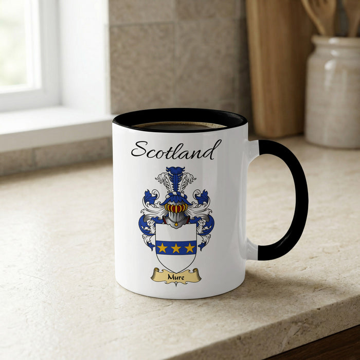 Mure Scottish family crest accent mug with Scotland lettering and coat of arms artwork