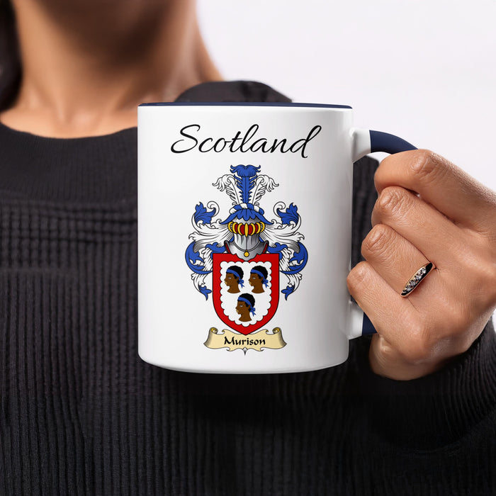 Murison 11 oz Scottish family crest ceramic mug showing a Scotland-topped heraldic emblem