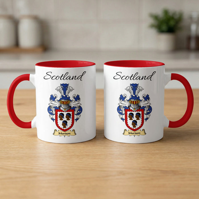 Red-accent Murison Scottish family crest mugs with Scotland above the heraldic shield