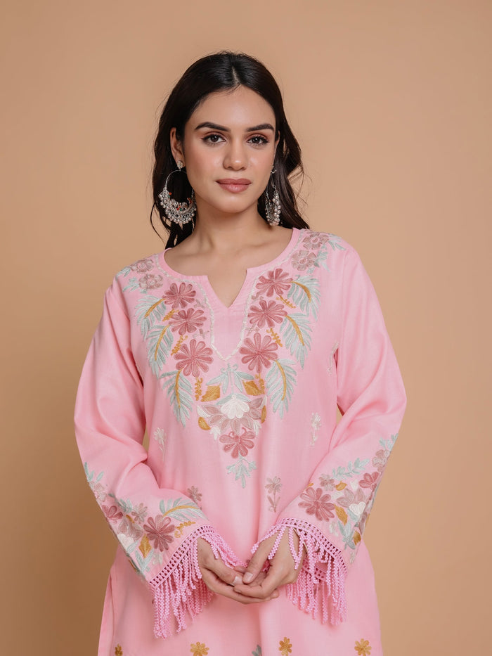Muskaan in Falak Kashmiri Long Kurta - Pink