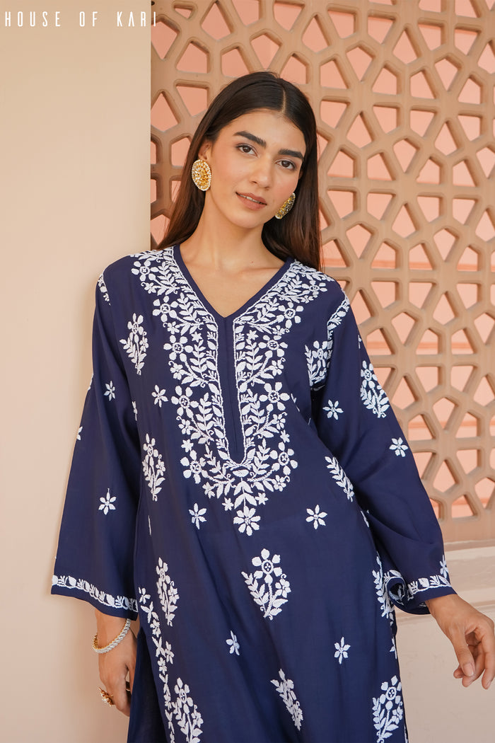 Muslin Chikankari Long Kurta In Navy Blue