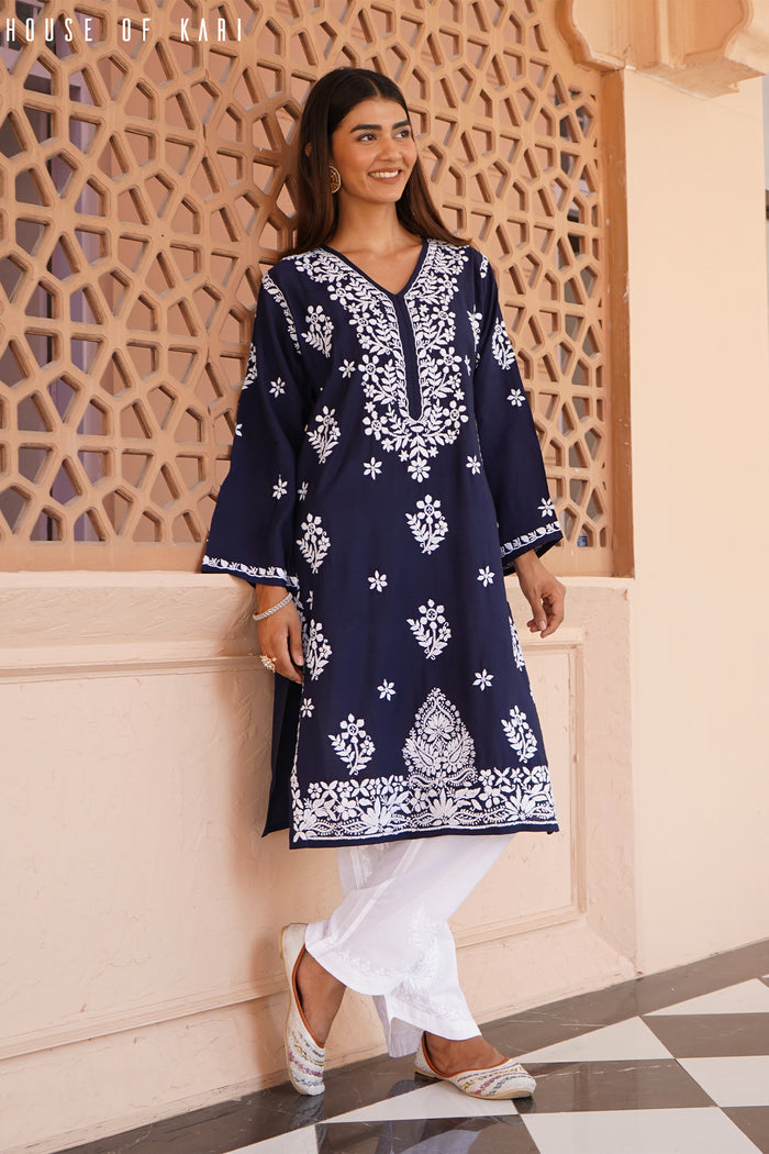 Muslin Chikankari Long Kurta In Navy Blue