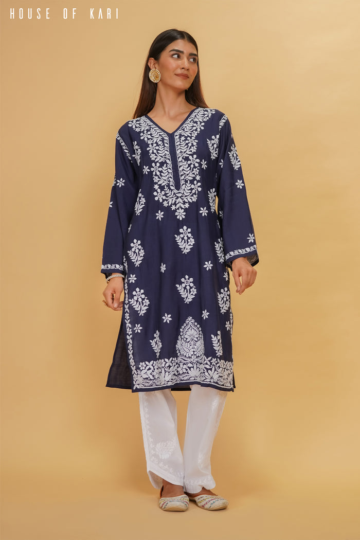 Muslin Chikankari Long Kurta In Navy Blue